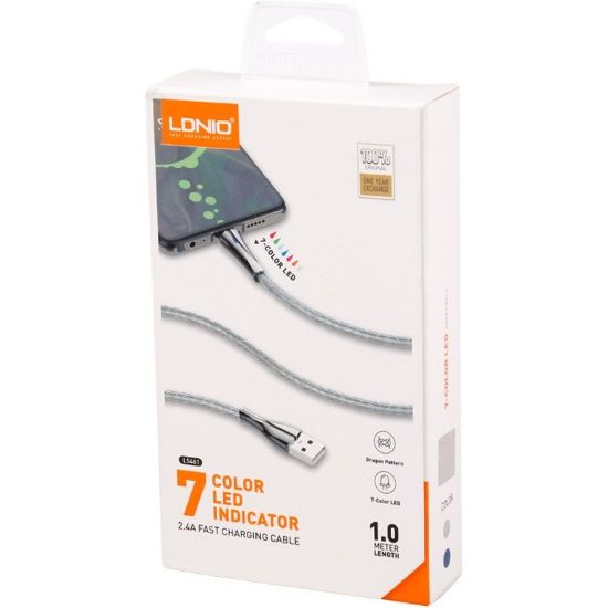 تصویر  کابل دیتا و فست شارژ تایپ سی لایت دار LDNIO الدنیو مدل LS461 به طول یک متر با بافت محافظ و محکم دراگون